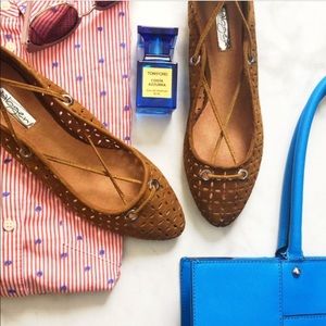 Brown Cognac Perforated Lasercut Lace Ballet Flats